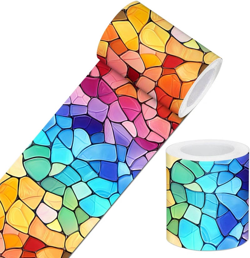 IVN Wallpaper Border Peel and Stick Decorative Wall Trim Self Adhesive Vibrant Mosaic Design Wallpaper for Bathroom Laundry Room Pool Area Mirror Frame Shelf Wall Edge 4x196 Inch - Image 1